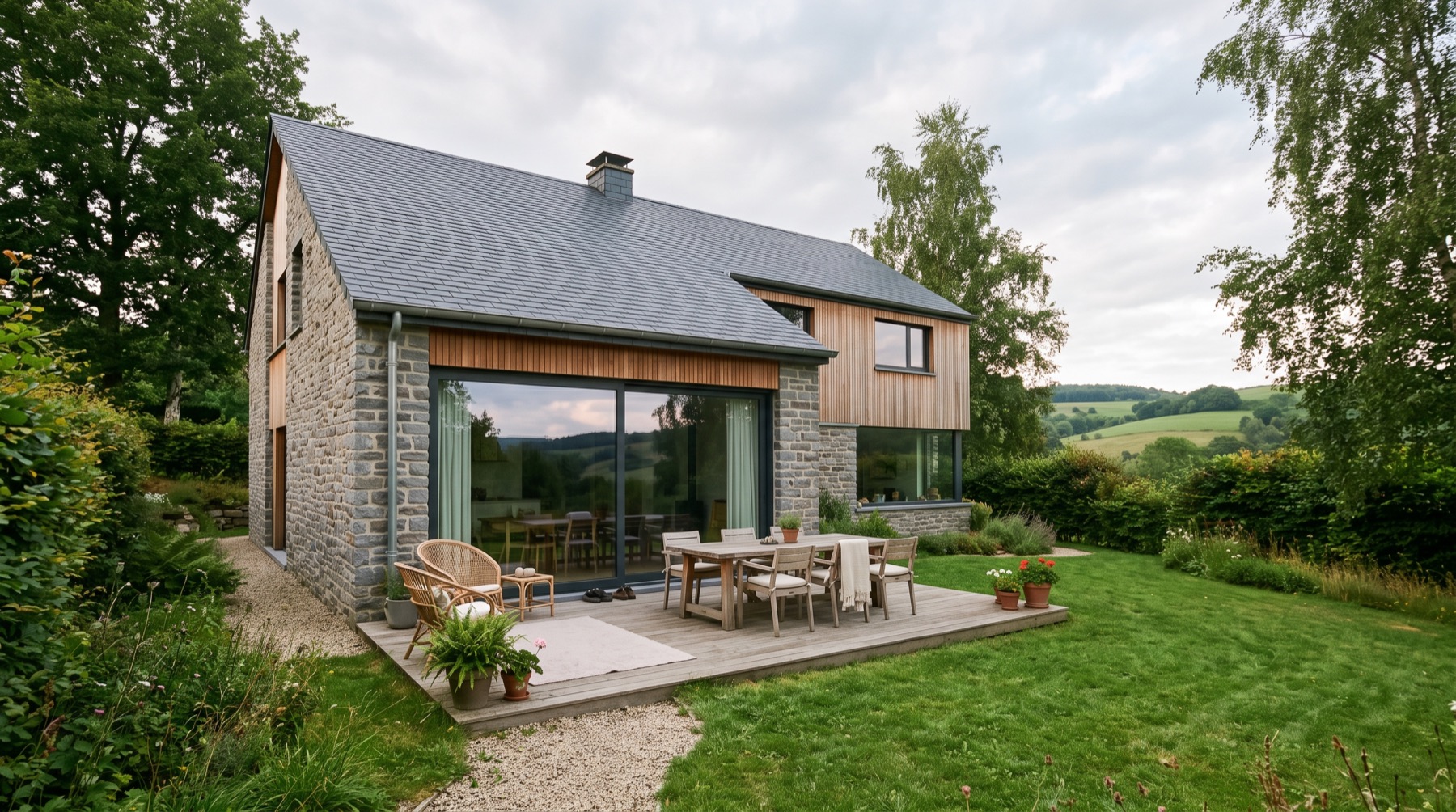 Terrasse d'une maison en pierre et bois en Famenne-Ardenne
