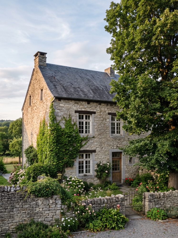 Façade en pierre ardennaise en fin d'après-midi
