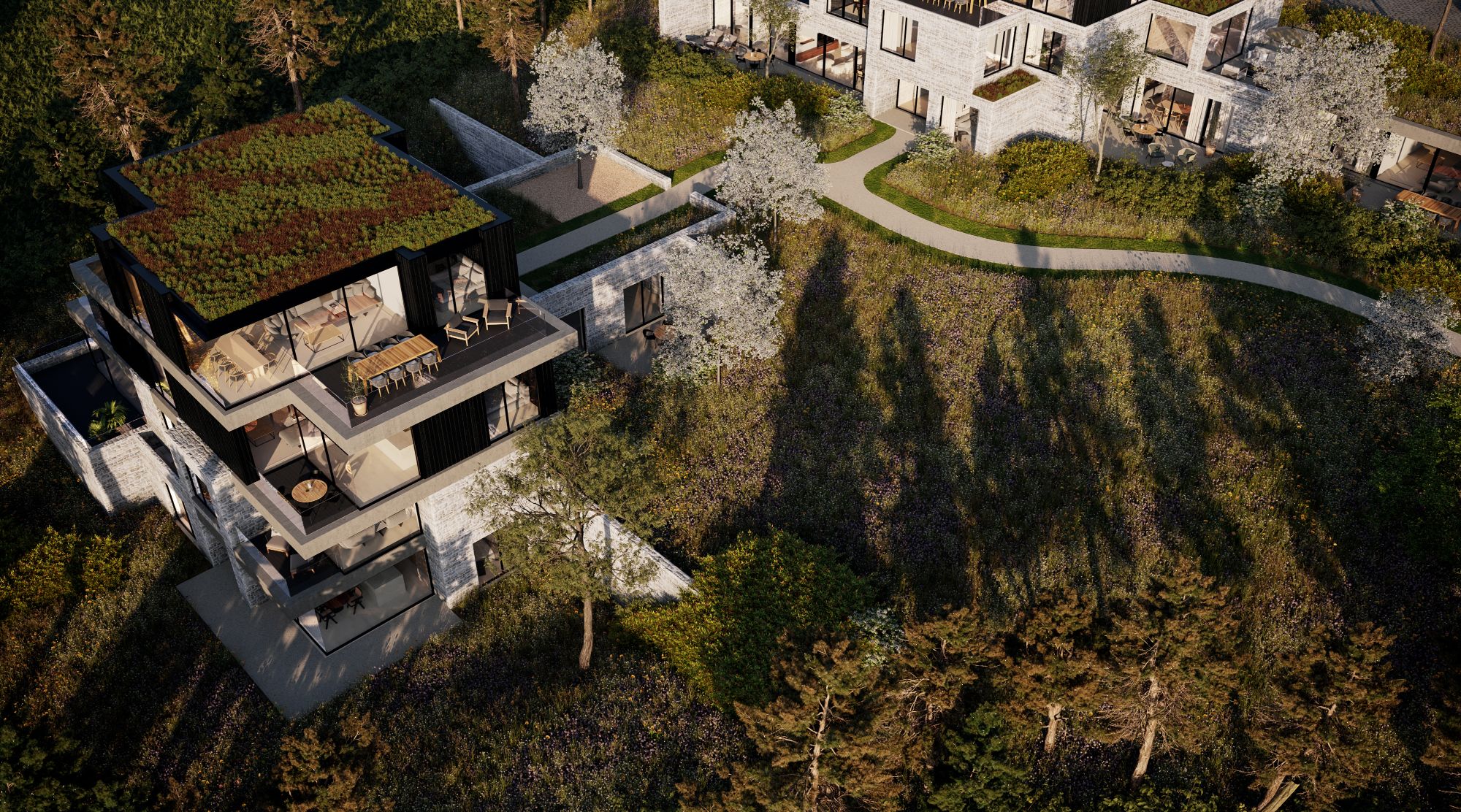 Vue aérienne de la résidence dans son parc