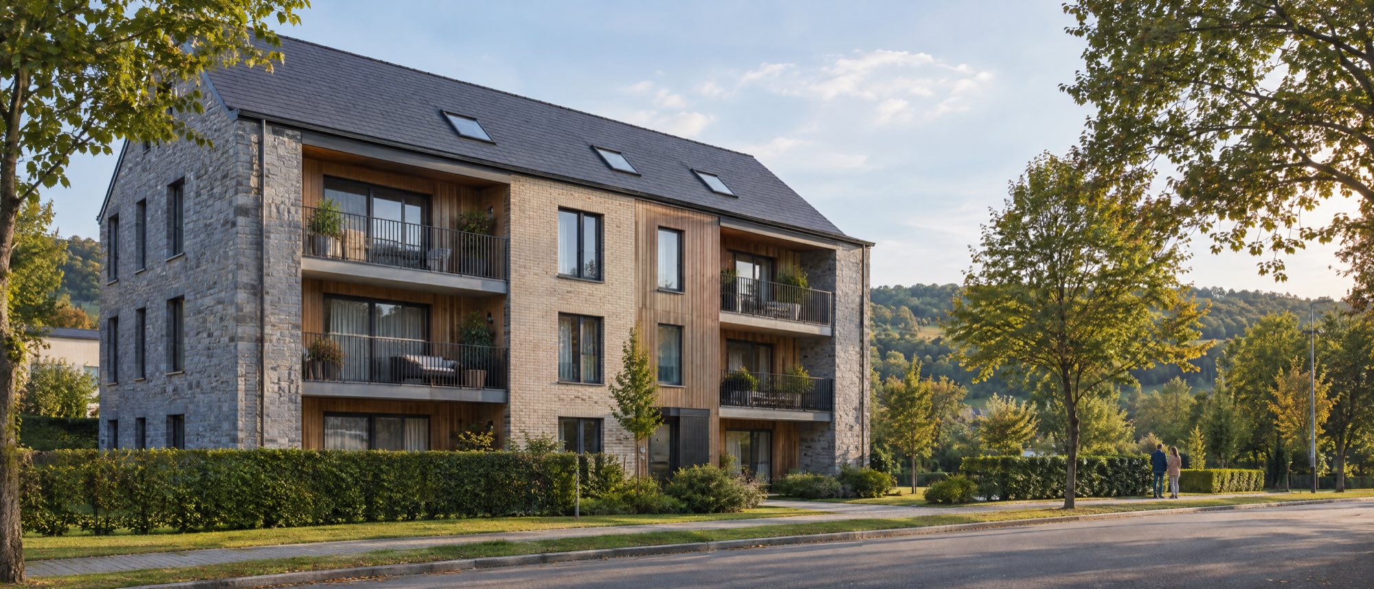 Klein appartementsgebouw in steen, lichte baksteen en hout, in een rustige straat in de Ardennen bij valavond