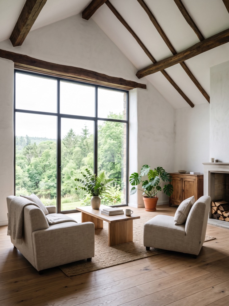 Licht interieur met balken en een groot raam